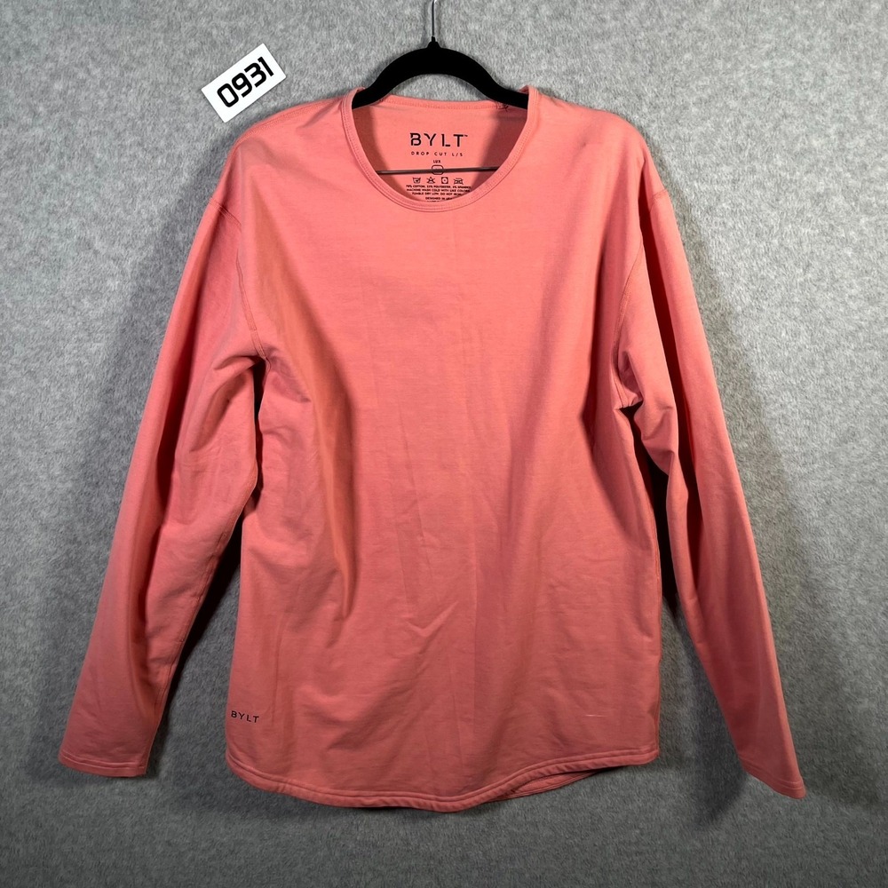 BYLT Basics Drop Cut Shirt Womens Medium Salmon Cotton Logo‎ Stretch Long Sleeve